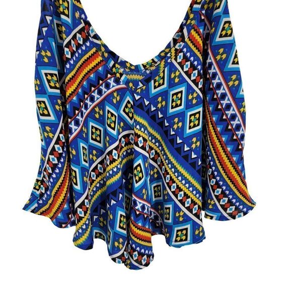 Y2K Crop Top L Blue Aztec Bandana Colorful Flowy Lightweight Sexy Festival USA - Picture 9 of 11